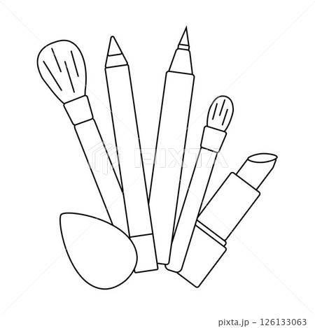Makeup brushes with eye pencil, liner, lipstick, sponge composition. Vector graphic line illustration. Black and white cute cosmetic makeup art. Sample poster, party invitation, holiday banner Makeup brushes with eye pencil, liner, lipstick, sponge composition. Vector graphic line illustration. Black and white cute cosmetic makeup art. Sample poster, party invitation, holiday banner 126133063