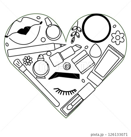 Makeup tools heart composition. Vector graphic line illustration. Black and white cute cosmetic makeup art. For poster, party invitation, backdrop, ad, sale promotion, print for t-shirt Makeup tools heart composition. Vector graphic line illustration. Black and white cute cosmetic makeup art. For poster, party invitation, backdrop, ad, sale promotion, print for t-shirt 126133071