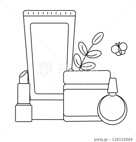 Makeup collection cream, lipstick, nail polish, flower, butterfly composition. Vector graphic line illustration. Black and white cute cosmetic makeup art. For logo, web, package, sticker. 126133084