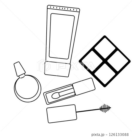 Beauty product composition. Vector graphic line illustration. Black and white cute cosmetic makeup art. Banner, poster, wrapping paper, sticker, print, modern textile design. 126133088