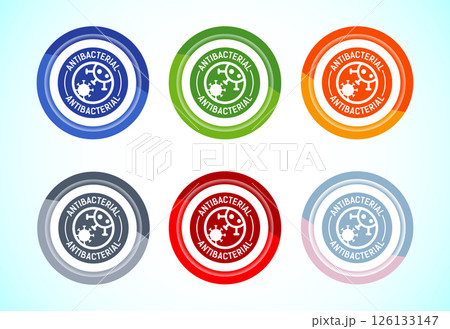Antibacterial icon design illustration, Hygiene label symbol for product packaging, 6 color button design set Antibacterial icon design illustration, Hygiene label symbol for product packaging, 6 color button design set 126133147