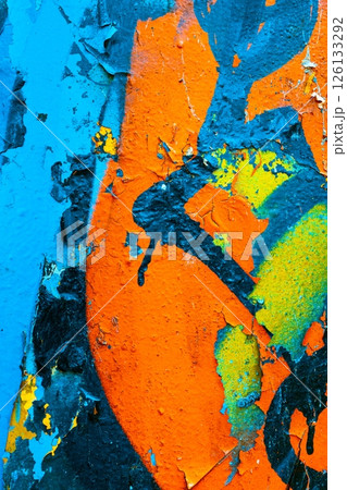 Vibrant Textured Street Art with Peeling Paint in Orange, Blue, Yellow for Urban 80s Style 126133292