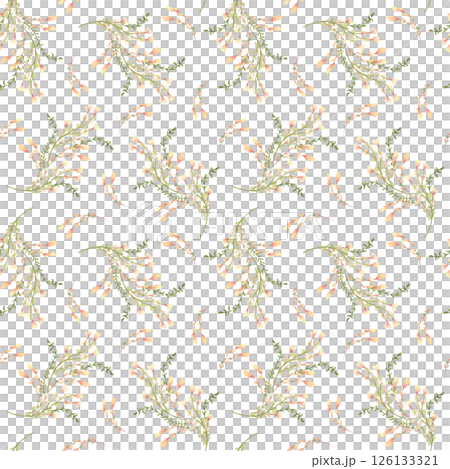 Watercolor floral repeat pattern with meadow toadflax blossoms in gentle pastel colors isolated on white. Minimalist botanical seamless background hand drawn for textiles, stationery, wallpaper. 126133321