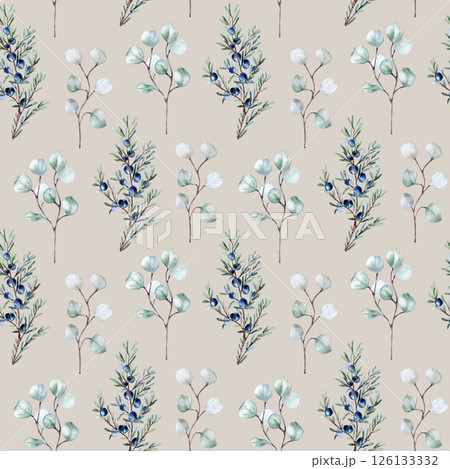 Watercolor juniper twigs and eucalyptus leaves in seamless botanical pattern isolated. Coniferous greenery in a minimalist Nordic style hand drawn, design for fabrics, gift wrap, foliated texture. 126133332