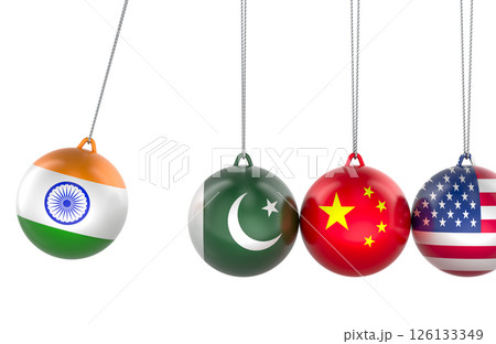 Newtons cradle with textured flags of India, Pakistan, China, and USA symbolizing geopolitical tension and chain reaction. 3D rendering 126133349