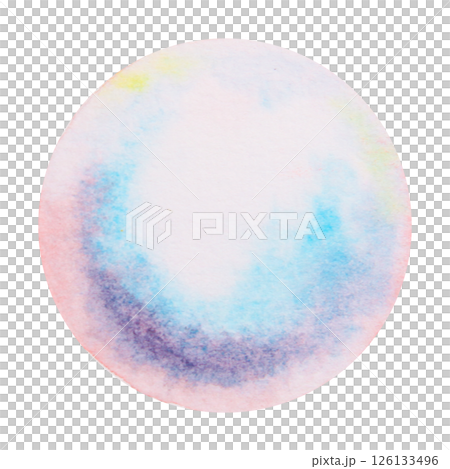 Watercolor circle resembling a soap bubble, air bubble or a pearl, with pearlescent and multicolored texture in soft blue, violet and pink hues. Hand painted abstract element for design projects. Watercolor circle resembling a soap bubble, air bubble or a pearl, with pearlescent and multicolored texture in soft blue, violet and pink hues. Hand painted abstract element for design projects. 126133496
