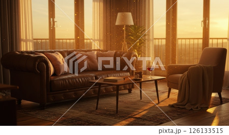 Cozy living room with leather sofa and wine glass at sunset in a modern apartment 126133515