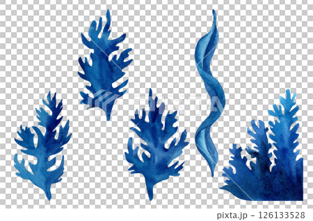 Set of blue seaweed silhouettes in different shades and shapes. Watercolor hand-drawn template for nautical design, decor, patterns for fabrics, wrapping paper, nautical stationery. 126133528