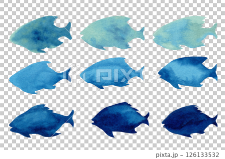 Set of nine blue fish silhouettes in different shades and shapes. Watercolor hand-drawn template for marine designs, children, educational material, decor, fabric patterns, wrapping paper, stationery. Set of nine blue fish silhouettes in different shades and shapes. Watercolor hand-drawn template for marine designs, children, educational material, decor, fabric patterns, wrapping paper, stationery. 126133532