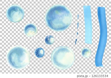 Set of air bubbles, blue spots of different shades of round shapes. Watercolor hand-drawn templates for marine design, children's books, educational materials, decor, wrapping paper, 126133534