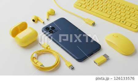 Modern technology layout with blue smartphone and yellow accessories 126133576