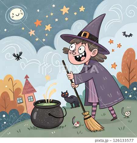 Whimsical witch stirs cauldron under magical night sky in enchanted forest scene 126133577