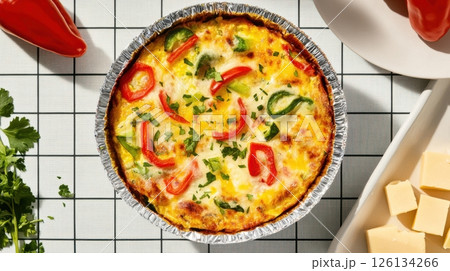 Mini egg casserole with vegetables and cheese in foil dish, placed on tile with geometric layout, surrounded by sliced peppers and herbs, bright overhead lighting and graphic styling 126134266