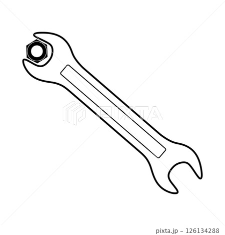 Wrench with Hex Nut Outline Vector Illustration. This black and white vector illustration features a line drawing of a classic wrench holding a hexagonal nut. Wrench with Hex Nut Outline Vector Illustration. This black and white vector illustration features a line drawing of a classic wrench holding a hexagonal nut. 126134288
