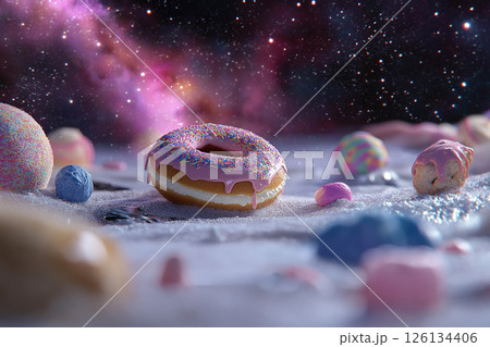 Surreal space-inspired scene with floating doughnuts and confectionery planets. Sweet pastry space, bakery advertisement, donut art poster 126134406