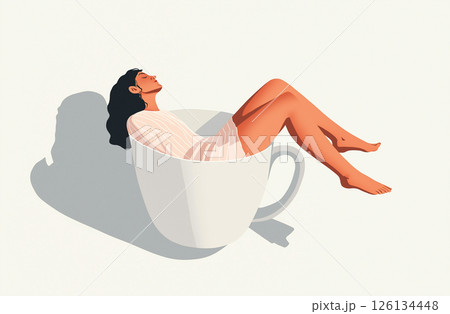 Minimalistic artwork depicting a relaxed individual lying inside a large teacup. The scene symbolizes tranquility, comfort, and the joy of simple moments, imaginative and symbolic art style. 126134448