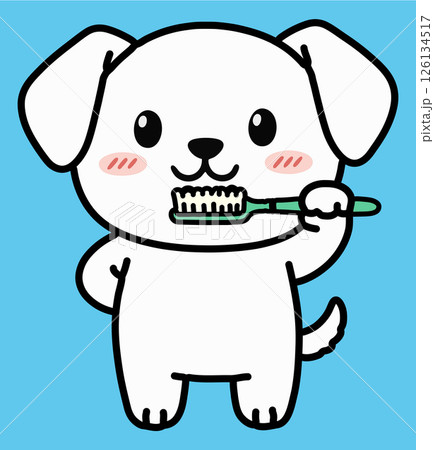 可愛い子犬が歯磨きをするシンプルカラーイラスト 126134517
