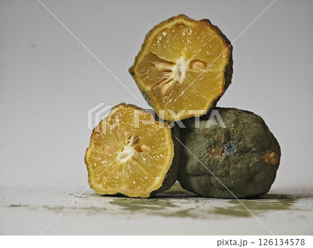 a piece of yellow lemon with mold a piece of yellow lemon with mold 126134578