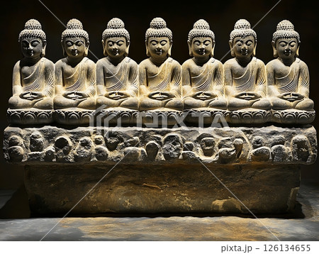 Row of Buddha Sculptures Representing Meditation and Spiritual Enlightenment 126134655