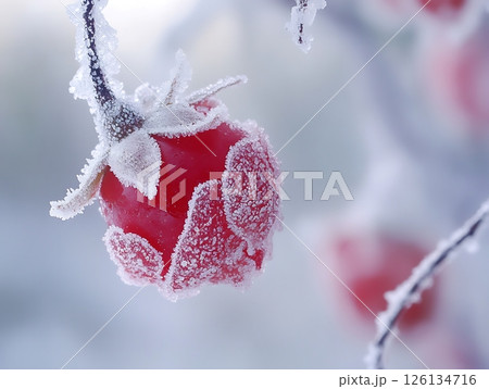 Frozen Beauty: Close-Up of Frost-Covered Red Berry Frozen Beauty: Close-Up of Frost-Covered Red Berry 126134716