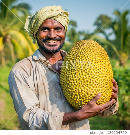 Happy Farmer Showcasing a Giant Yellow Jackfruit 126134790