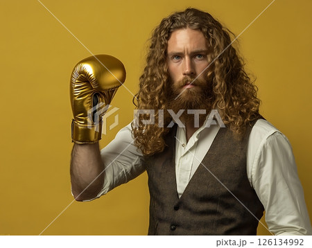 Golden Boxing Gloves with Determined Athlete on Yellow Background 126134992