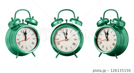 set collection retro clock, watch, pointer clock, Green color alarm clock on isolated white background set collection retro clock, watch, pointer clock, Green color alarm clock on isolated white background 126135150