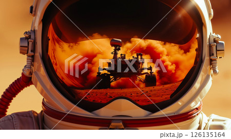 Futuristic Mars mission: Astronaut sees rover in helmet visor Futuristic Mars mission: Astronaut sees rover in helmet visor 126135164