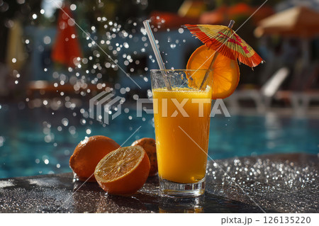 Tropical cocktail with umbrella by pool 126135220