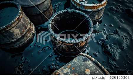 Rusty barrels leaking oil into dark polluted water 126135302