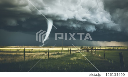 A huge tornado over an agricultural field. Disaster and threat of crop loss. Global climate change. Nature's fury wreaks havoc on fertile fields. 126135490