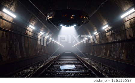 Alien ship floating above a subway tunnel. World UFO Day concept. Generated Image 126135557