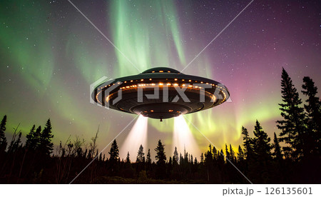 Northern lights with a classic UFO silhouette. World UFO Day concept. Generated Image 126135601