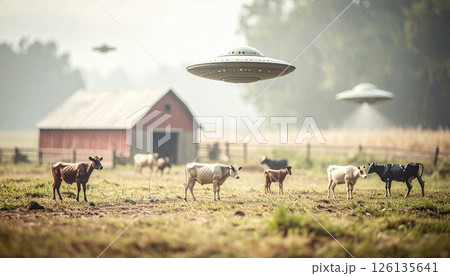 Tiny UFOs abducting farm animals  .World UFO Day concept. Generated Image 126135641