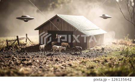 Tiny UFOs abducting farm animals  .World UFO Day concept. Generated Image 126135642