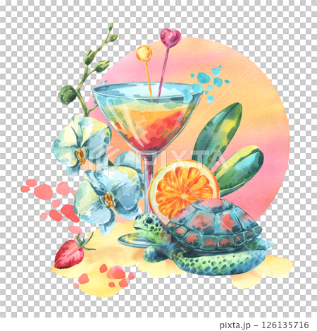 Watercolor summer composition with tropical cocktail, sea turtle, orchid flowers, citrus, leaves, and splashes on sunset background. Bright vacation illustration perfect for print, design 126135716