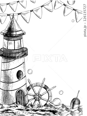 Marine striped lighthouse with ship s wheel and fishing float on water, with garlands of flags and bubbles. Watercolor hand-drawn illustration. Vertical frame, empty template for text Marine striped lighthouse with ship s wheel and fishing float on water, with garlands of flags and bubbles. Watercolor hand-drawn illustration. Vertical frame, empty template for text 126135727