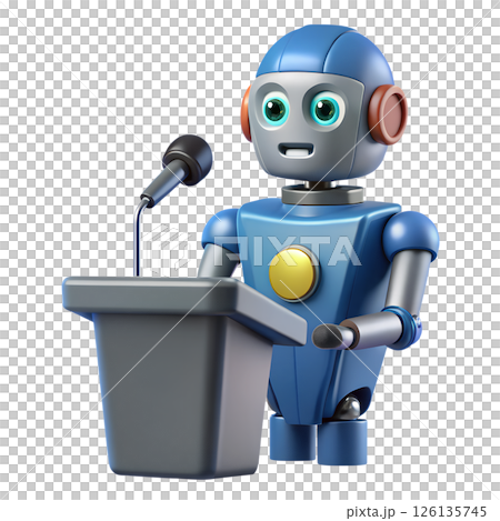 Robot speaker giving a professional talk at podium, 3d illustration of artificial intelligence Robot speaker giving a professional talk at podium, 3d illustration of artificial intelligence 126135745