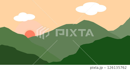 Illustration of landscape. Vector landscape. green mountain and sun on orange sky. 126135762