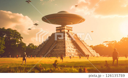 Aliens motherships flying over Ancient Pyramids .World UFO Day concept. Generated Image 126135789