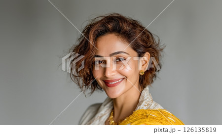 Portrait attractive indian woman in 30s with short brown hair, white background. Smiling female, modern, happy lady. Beauty, advertisement, skincare concept. Good for cosmetic brands, dentist offices Portrait attractive indian woman in 30s with short brown hair, white background. Smiling female, modern, happy lady. Beauty, advertisement, skincare concept. Good for cosmetic brands, dentist offices 126135819