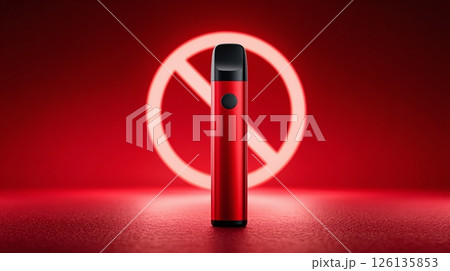 Illustration with bold red no symbol over e-cigarette. Strong message against vaping. Warning sign for health, safety. Prevention unhealthy habits. Prohibition against nicotine use. Modern design 126135853
