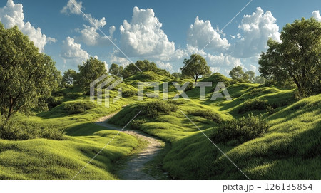 Illustration winding path in green nature scene. 3D-rendered green trees, greengrass, summer vibes. Landscape with road, environment. Ideal for travel, eco, children, nature, walking, spring, outdoor 126135854
