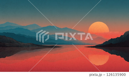 Digital illustration scenic sunset over mountain lake. Vivid colors, artistic landscape evokes serene, calm mood. Dark mountains, reflection in water, orange sun. Nature, travel, vacation concept. 126135900