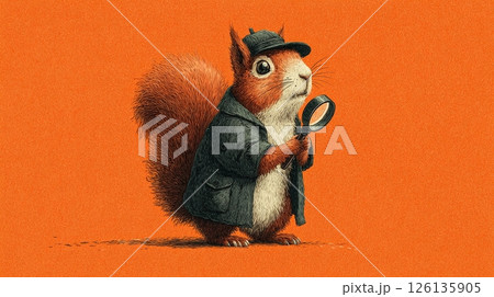 Cute squirrel detective character with magnifying glass on orange background. Illustration of funny animal in vintage fedora hat and coat. Detective, investigation, search, cartoon character. 126135905