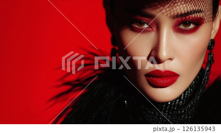 Asian fashion model bold makeup, dramatic spotlight. Woman face red lips, eye shadow. Glamour style, elegant pose, studio head shot, close-up, captivating, intense. Editorial portrait, beauty art. 126135943