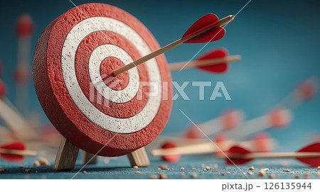 Archery target with arrows, representing achieving goal. Red, white bullseye on stand, many missed attempts, single hit, illustrating success after failures. Concept of focus, achievement, business 126135944