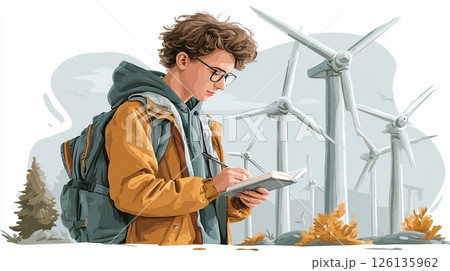 Young student studies renewable resources via digital tablet. Illustration shows man with backpack, graduation cap in front of wind turbines, nature landscape. ESG concept, clean eco friendly energy 126135962