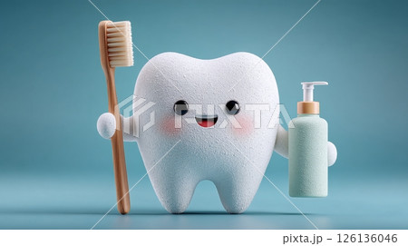 Cheerful tooth character holding toothbrush, toothpaste tube. Dental hygiene concept. Illustration design about teeth cleaning, oral care treatment, healthy smile, healthcare medicine clinic. 3D 126136046