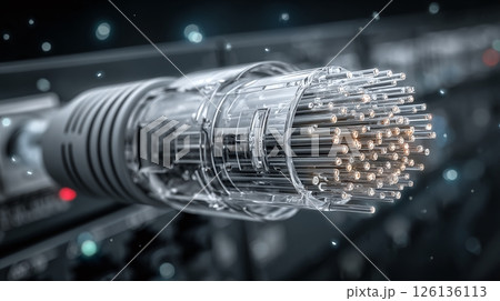 Fiber optic cable connected to server port, transferring data. Illustration showing internet LAN connection, data transfer network. Concept internet of things, cloud servers, tech, high speed 126136113